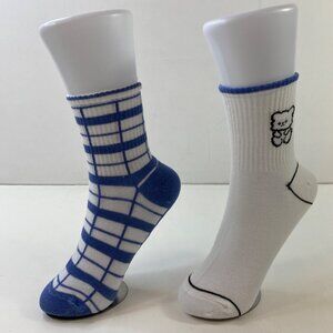 Womens Crew Socks 2 Pack Ribbed Cuffs Grid Bear Blue White Black